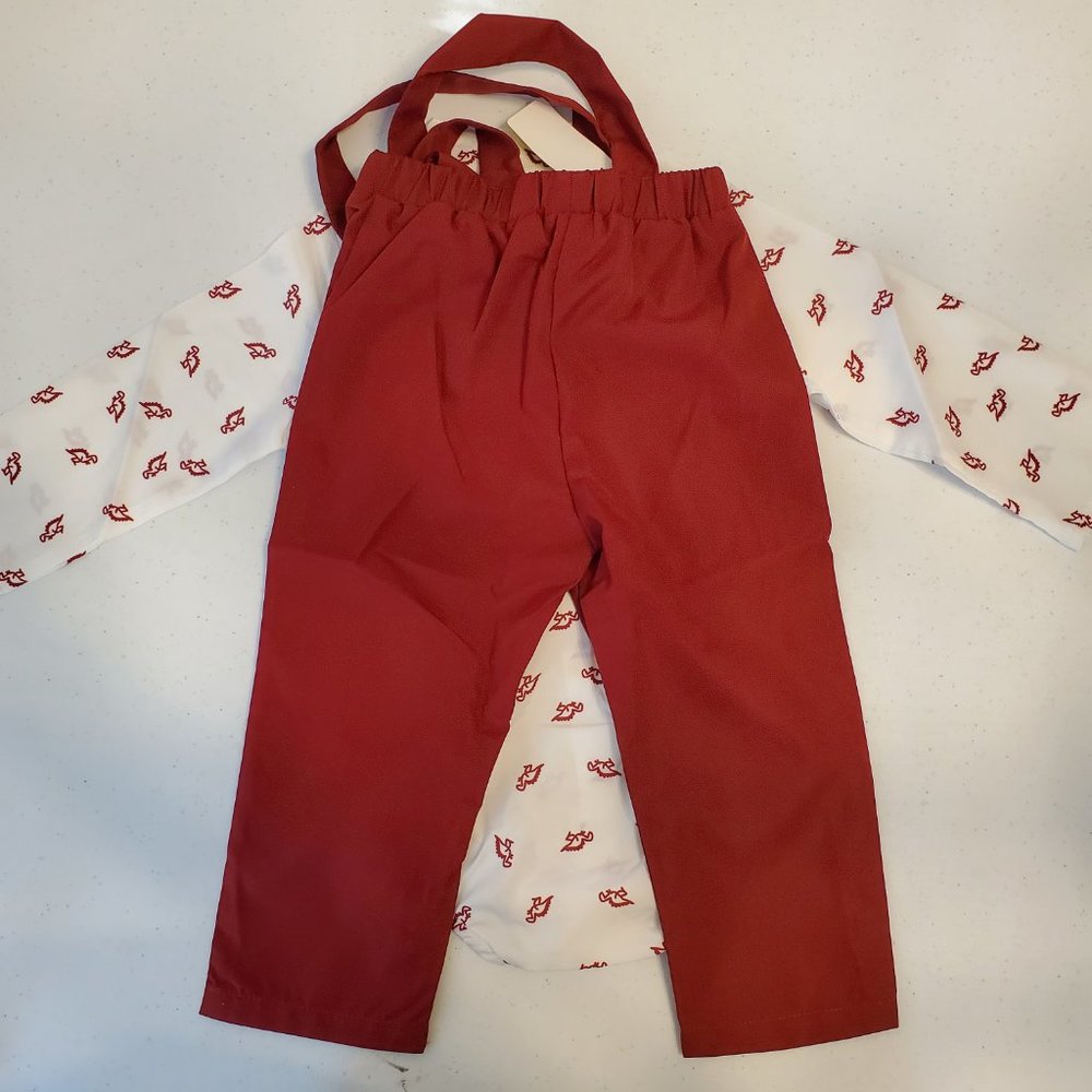 SHEIN Baby Red Dinosaur Print Bow Front Bodysuit And Suspender Pants - Picture 5 of 7